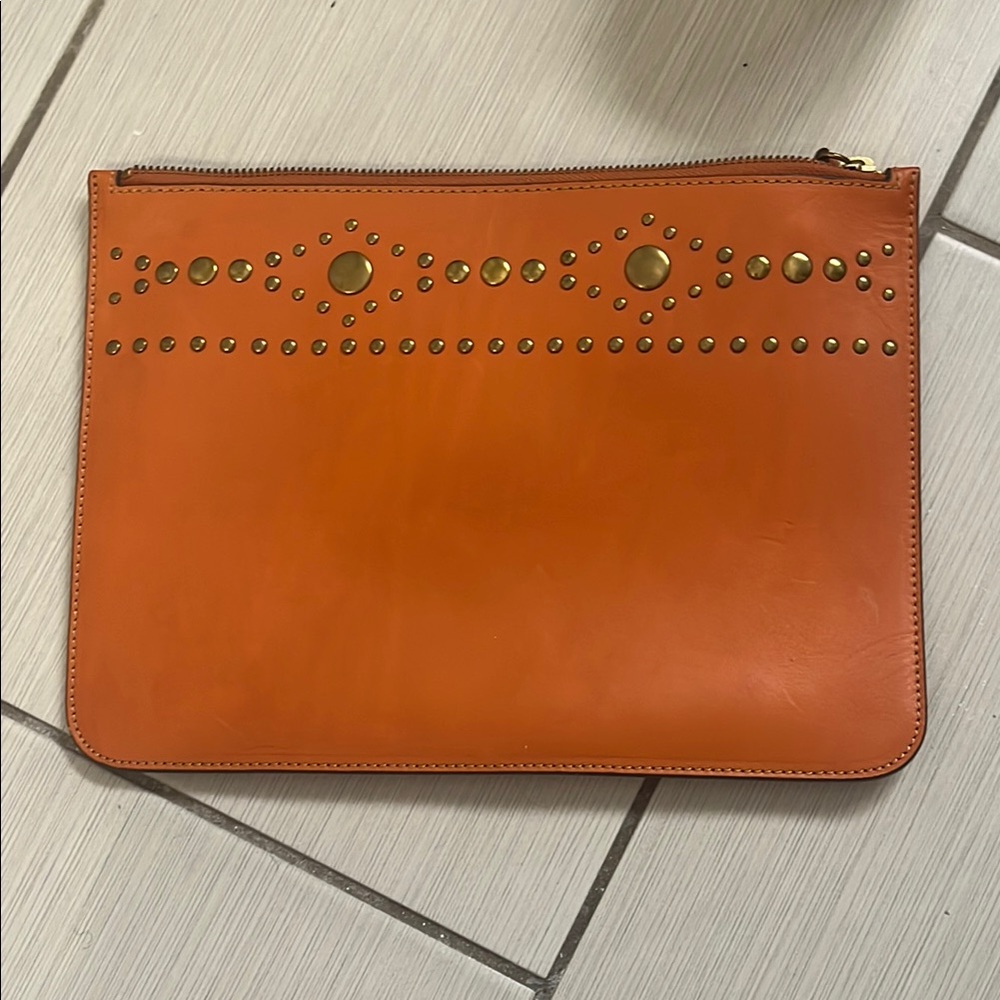 Frye Orange Clutch with Gold Studs Harness Stud